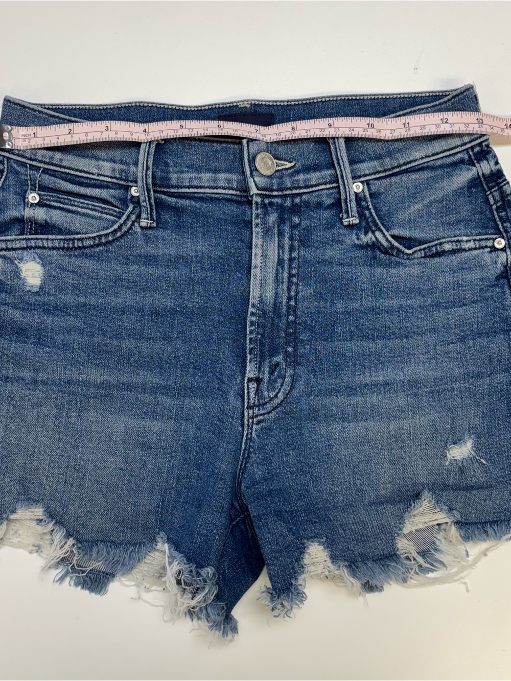 MOTHER Blue Denim High-Rise Cutoff Shorts with Rainbow Pocket - Picture 5 of 8